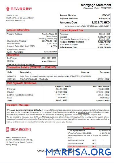 Blank Hong Kong BEA bank mortgage statement scr sample